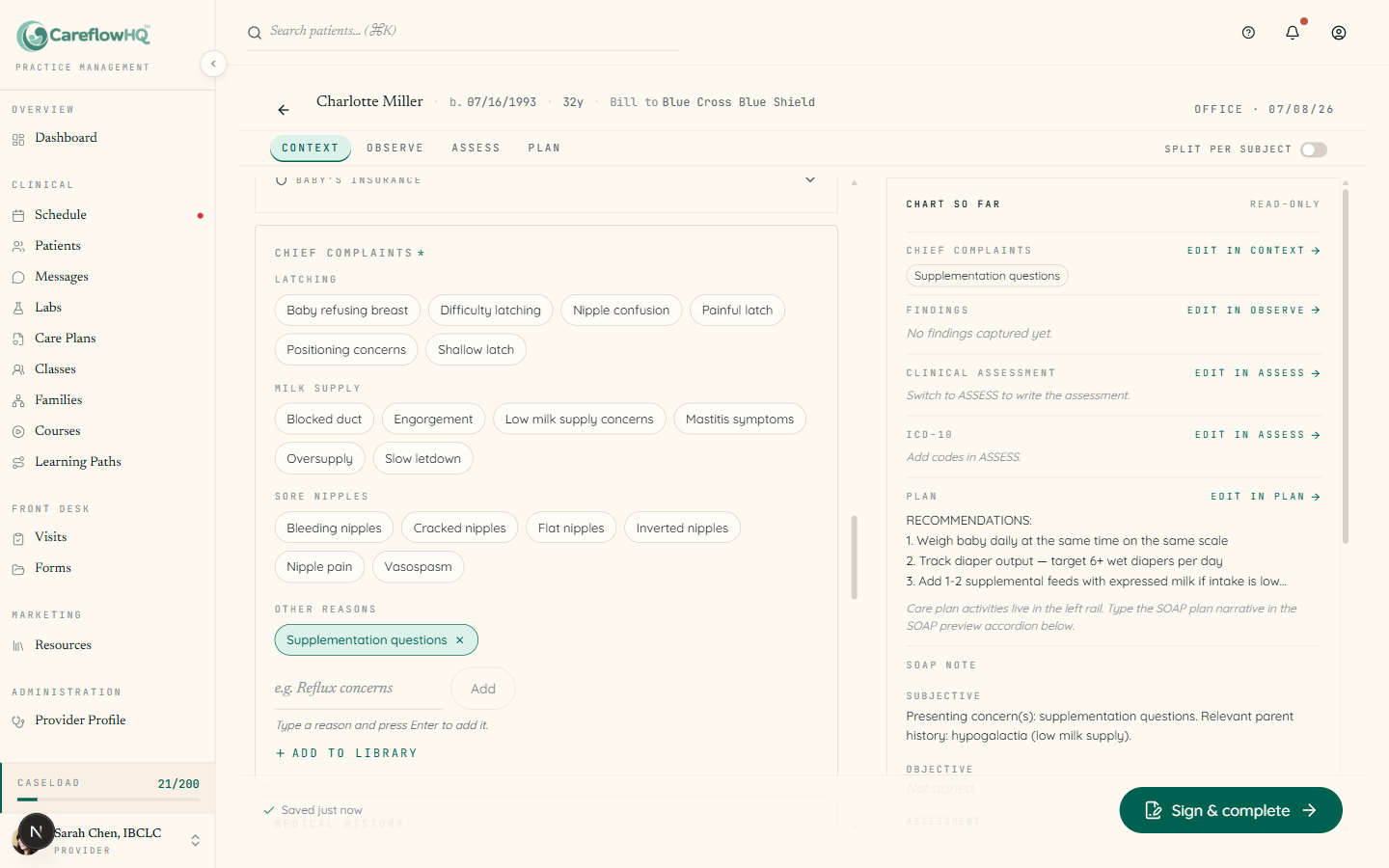 CareFlow HQ encounter editor with chief-complaint chips, SOAP charting, and sign-and-complete workflow