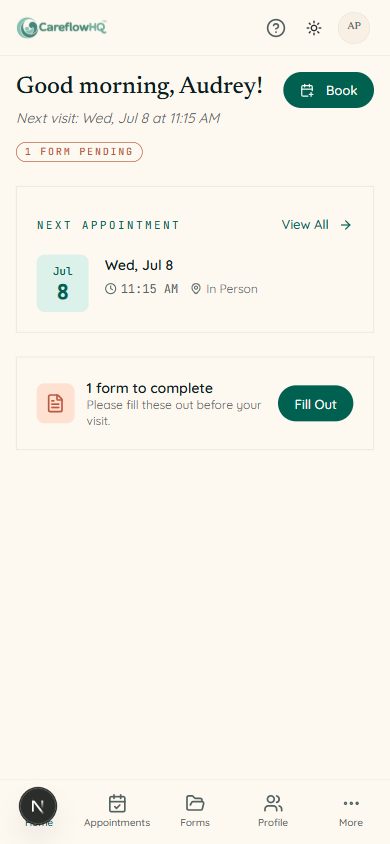 CareFlow HQ patient portal home on a phone: next appointment, pending intake form, and booking button